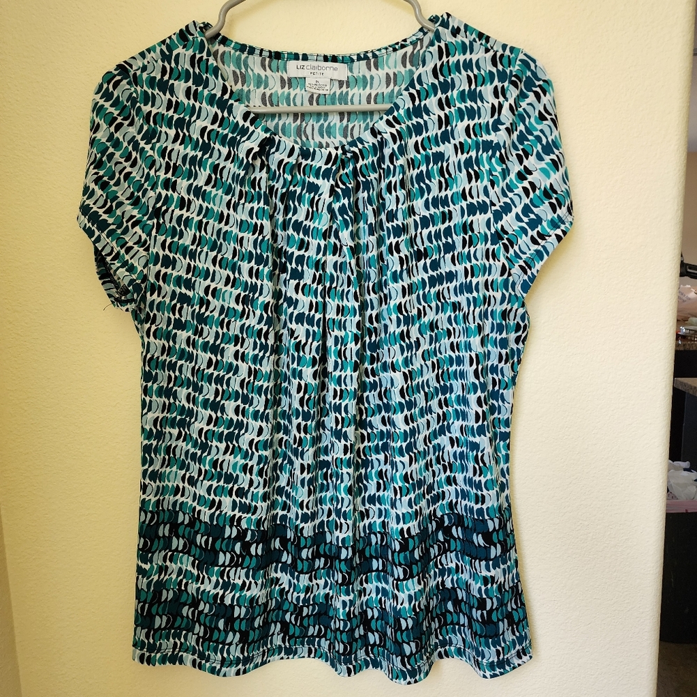Liz Claiborne Petite PL Short Sleeved Pleated Front Blouse Green Black Blue